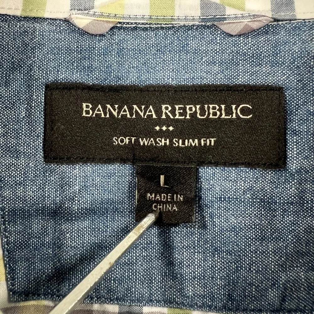 Banana‎ Republic Shirt Mens Large White Plaid Short Sleeve Slim Fit Button Up